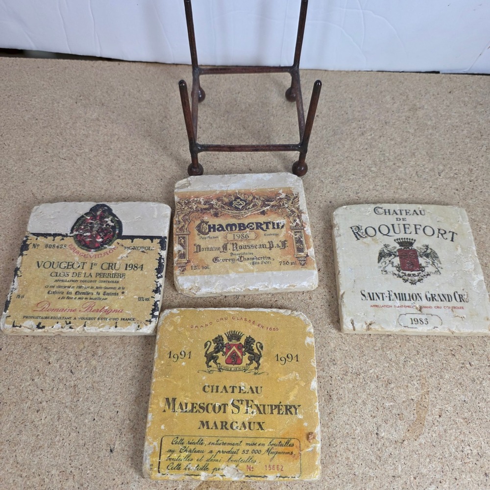 Vintage Style French Wine Label Stone Coasters Set of 4 with Metal Rack‎ Rack